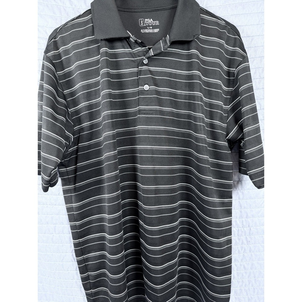 PGA TOUR Men's Polo Shirt Size L Black Gray Striped Short Sleeve Golf